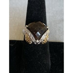 925 Sterling Silver Two Tone Smoky Quartz Ring Size 7 Vintage Estate Jewelry